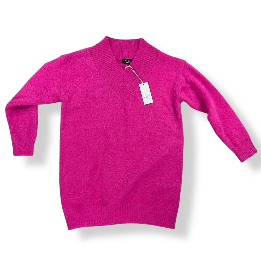 VICI Sweater Womens Small Hot Pink Long Sleeve Eyelash Longline V-Neck NWT‎